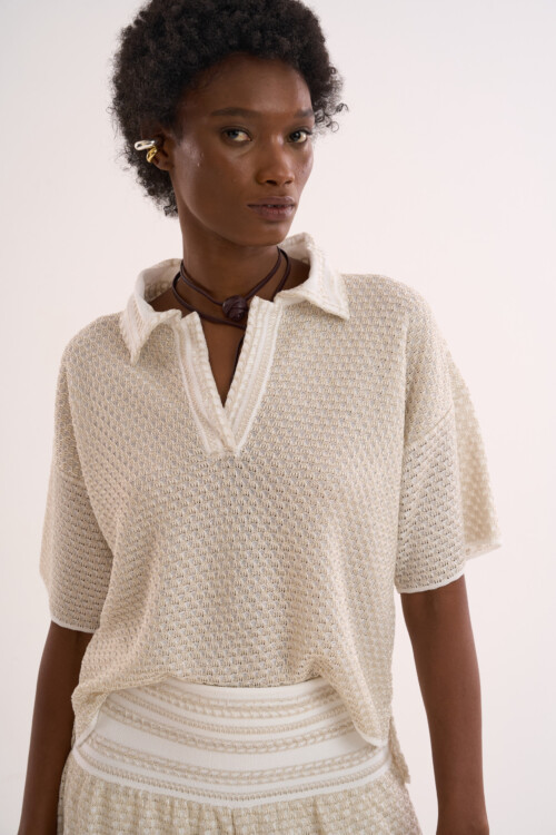 Pólo Lembrança - Tricô com misto de pontos  - Off White - Imagem 3