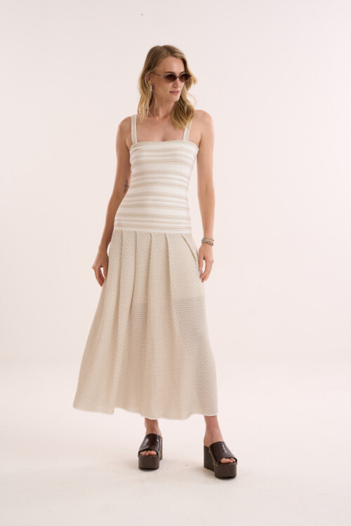 Vestido Lembrança - Tricô com misto de pontos  - Off White